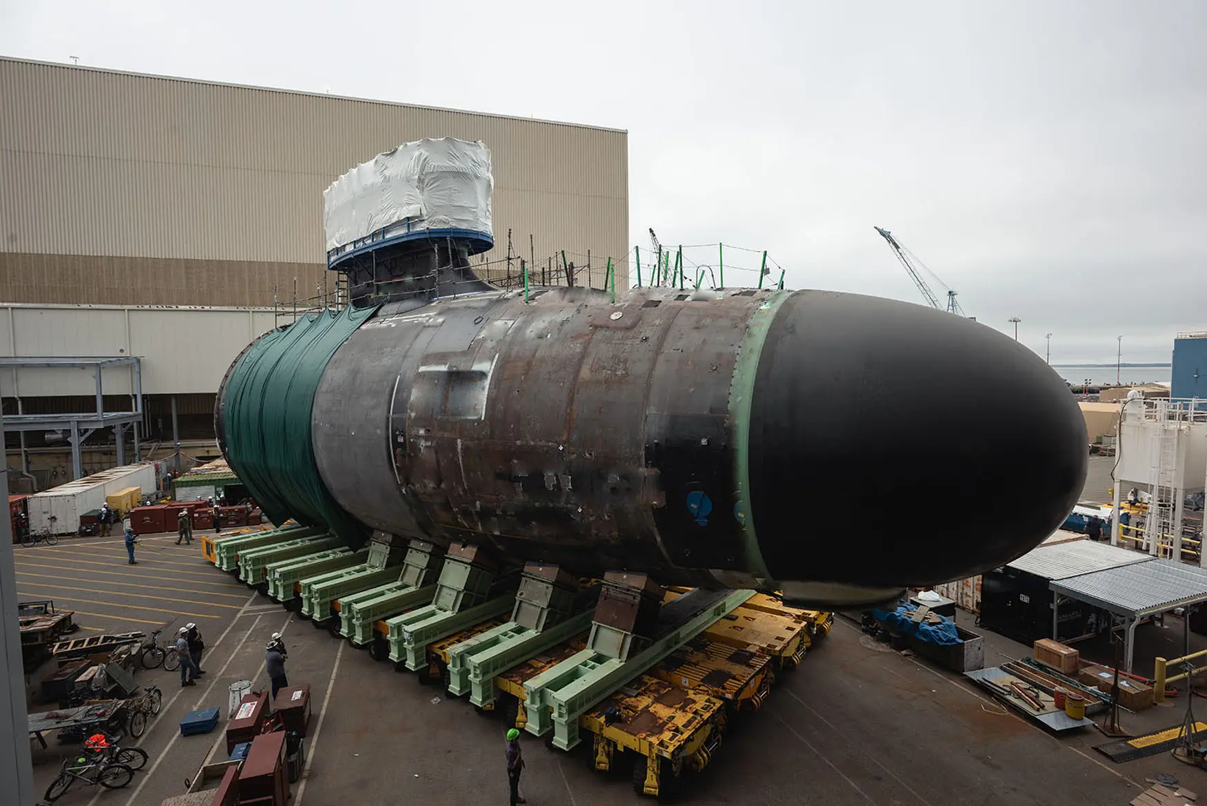 The bow section of the future USS New Jersey (SSN-796) at Newport News Shipbuilding during construction in 2021.