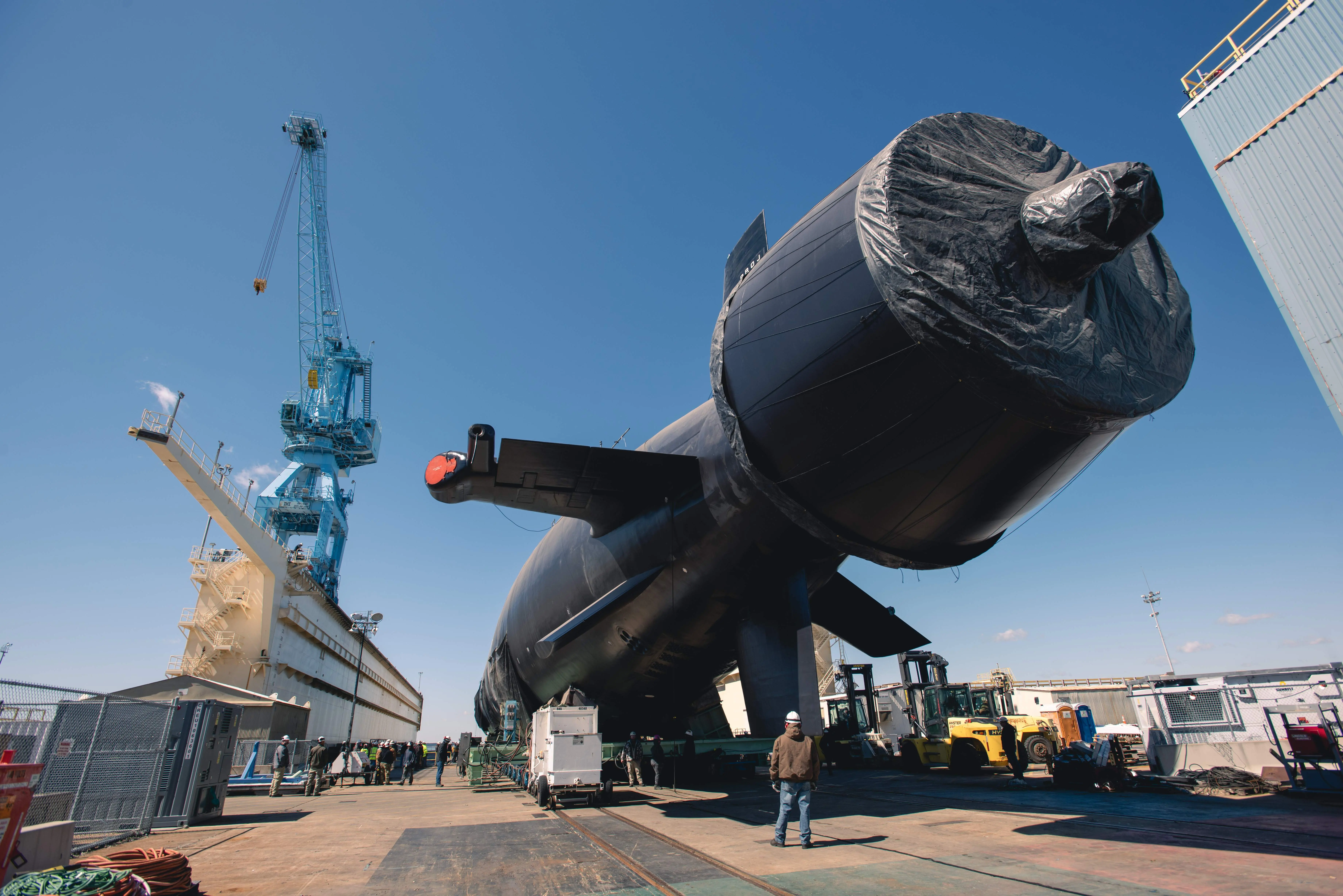Stern view of USS New Jersey (SSN-796) in the water following her April 2022 launch.