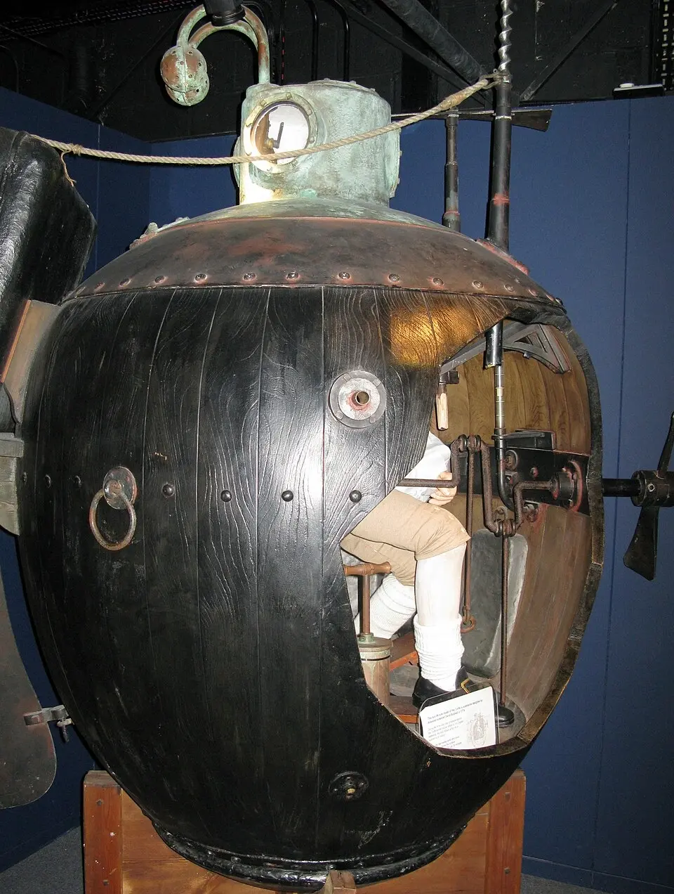 Model of the Revolutionary War submersible Turtle at the Royal Navy Submarine Museum.