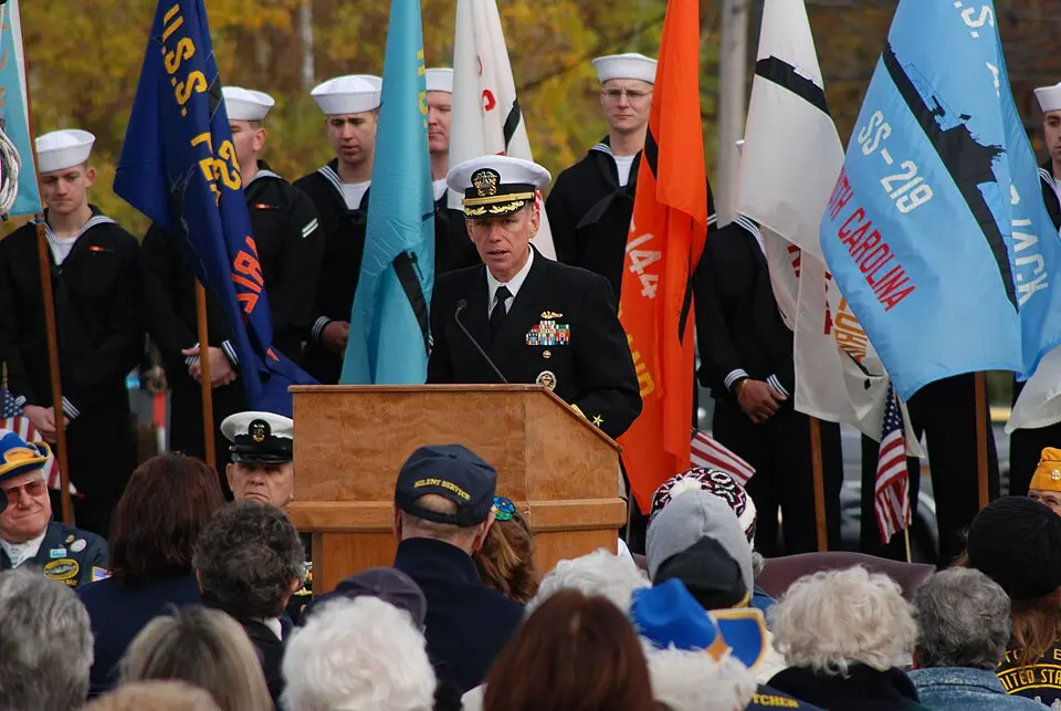 Sailors at a Veterans Day ceremony at the Submarine Veterans of World War II National Memorial in Groton, Connecticut.