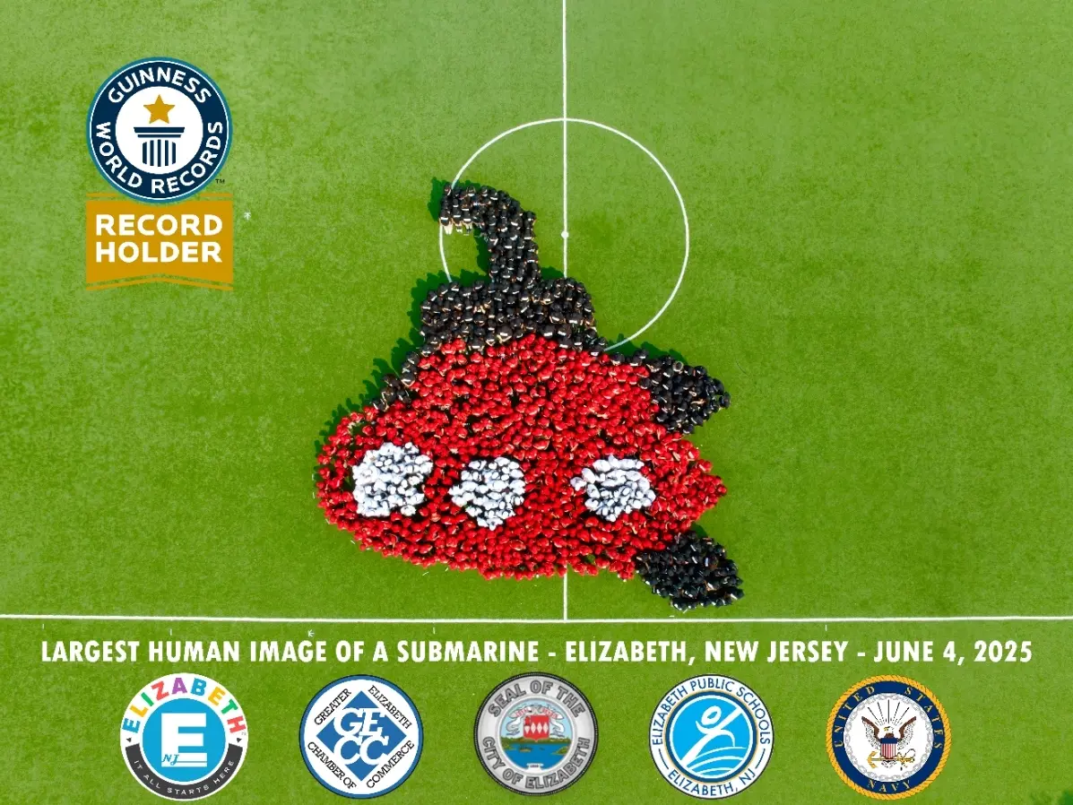 800 students from Elizabeth Public Schools form a human submarine shape